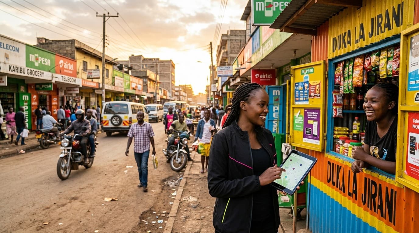 BYND Kinetic brand ambassador onboarding a retail duka kiosk in Kenya with geo-verified check-in